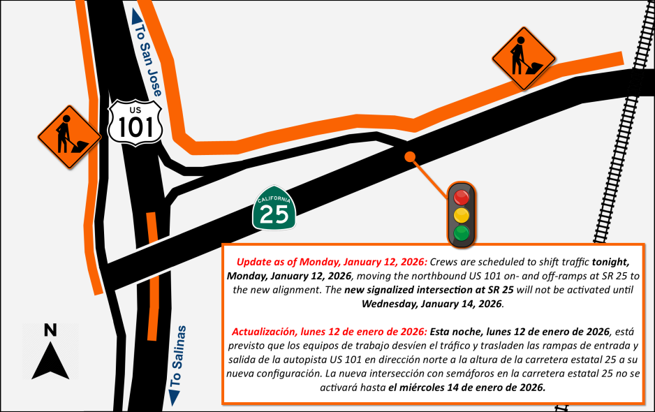 -Update as of Monday, January 12, 2026- Updated Traffic Advisory – US 101/SR 25 (Effective Tonight)