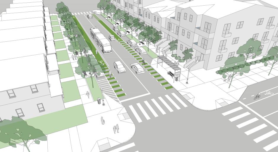 A graphic of a street with cars and a bus and a sidewalk with trees, seating, and people walking.