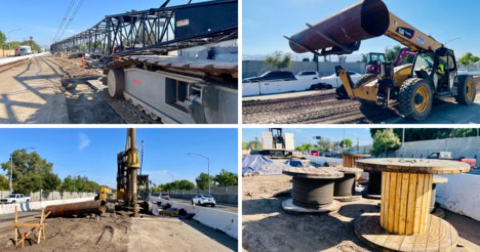 Several images of heavy equipment on Capitol Expressway, for test pile driving. 