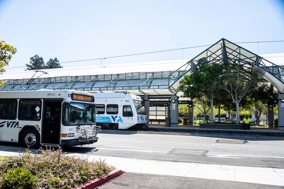 Bus bridge and light rail train at Baypointe LR Station