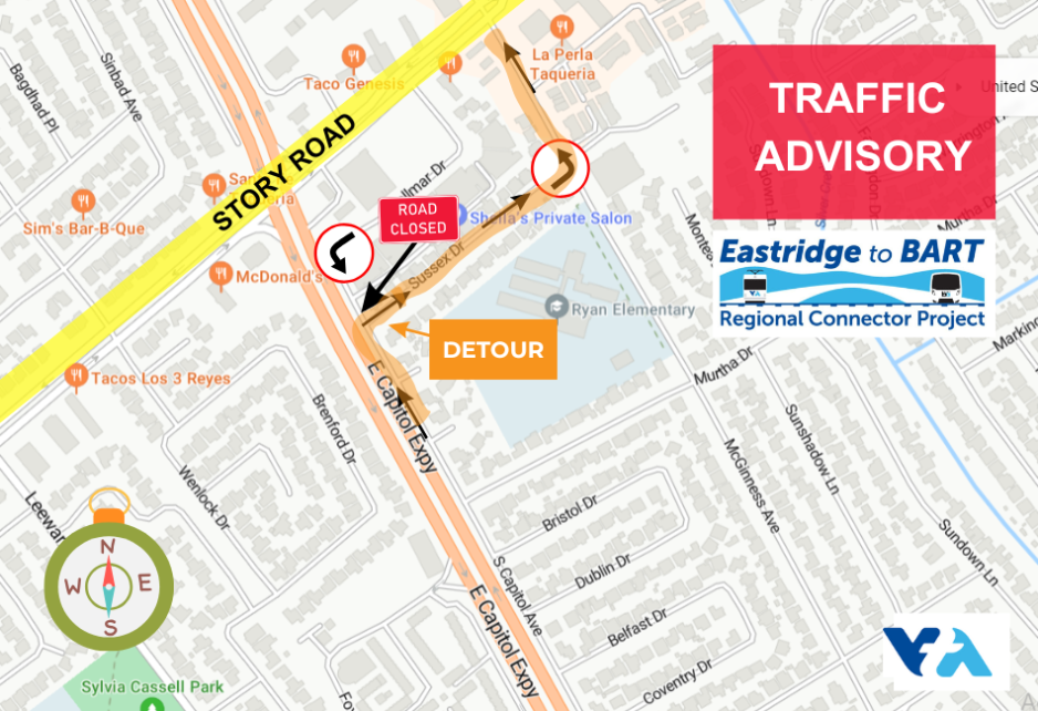 A map of Story Road in San Jose including detours and a close road sign