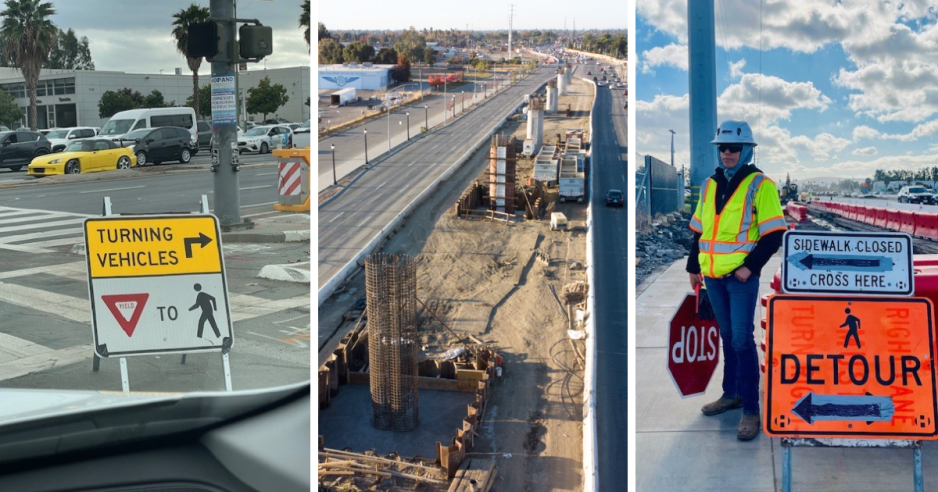 3 images: One sign to yield to pedestrian, and a view of Capitol Expressway during construction, and a flagger.