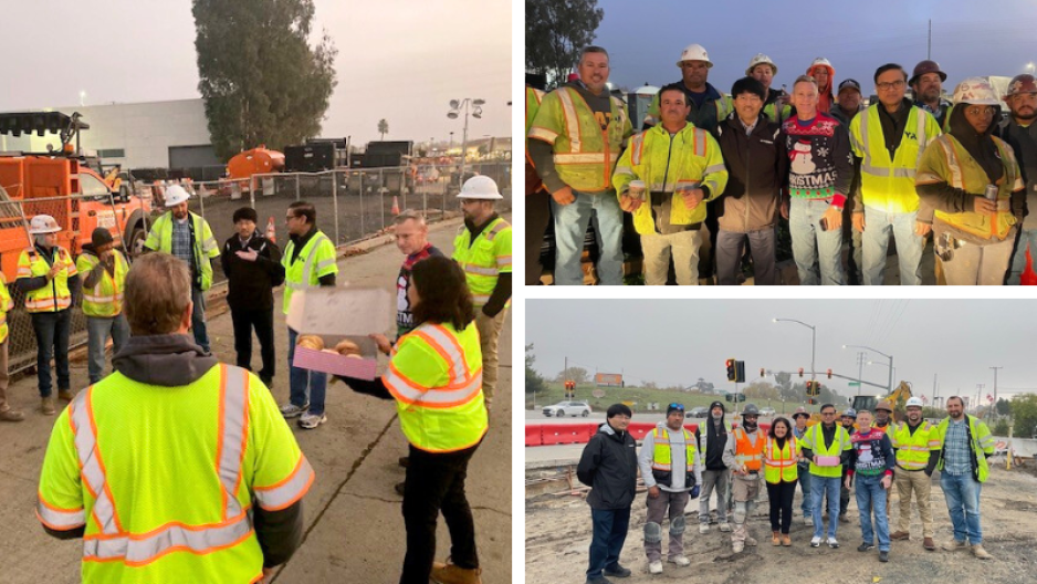 Groups of construction workers with yellow vests gathered to enjoy donuts and coffee.