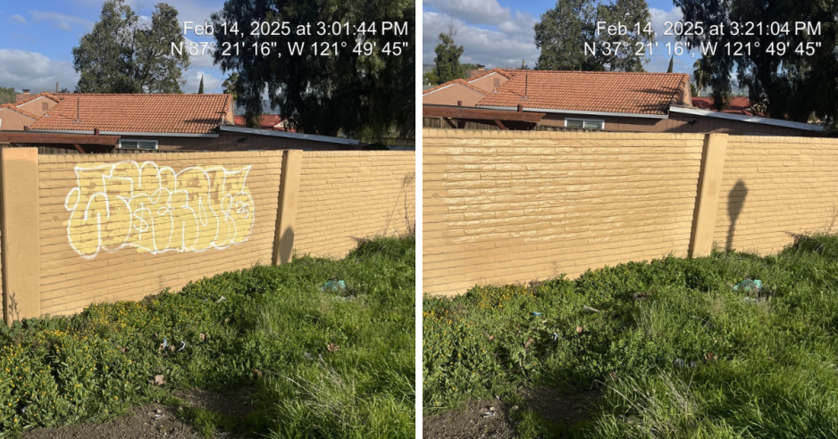 Before and after - a wall impacted by graffiti and clean afterwards